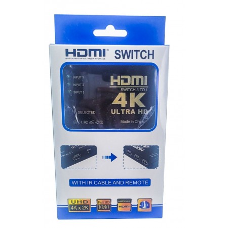 HDMI switch 3 TO 1 ULTRA HD 4k живлення , індикатор , пульт.